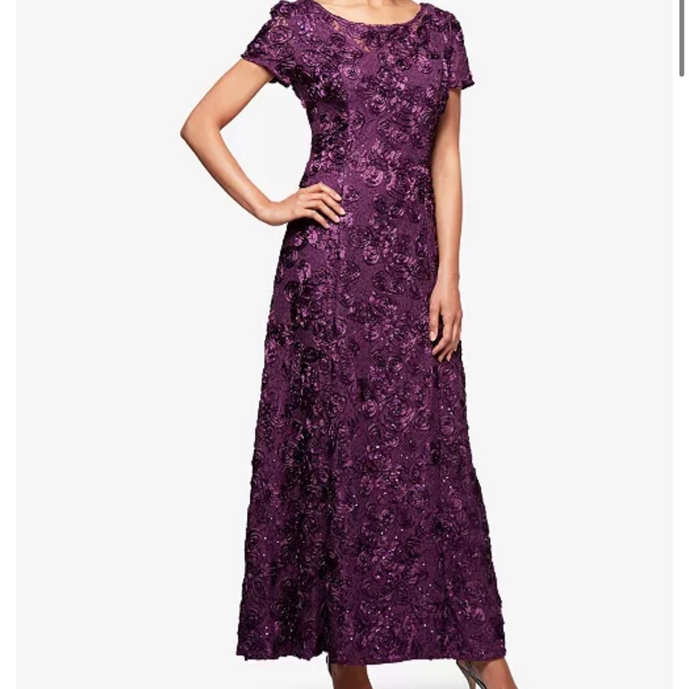 NWT Alex Evenings Rosette A-Line Gown, Eggplant Purple formal dress